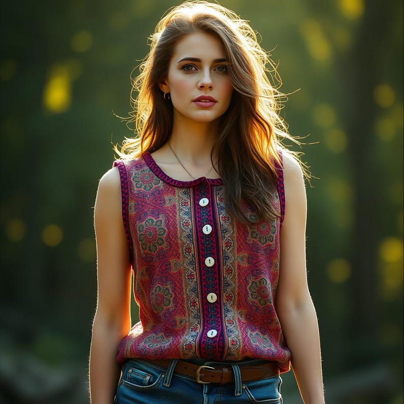 May include: A woman with long brown hair is wearing a sleeveless, red and pink patterned top with a button-up front. She is also wearing a brown belt and blue jeans.