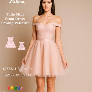 Może przedstawiać: Różowa mini sukienka balowa z tiulu. Sukienka z odkrytymi ramionami ma dopasowany gorset i rozkloszowaną spódnicę. Obraz zawiera tekst "Fashion Wind Pattern", "Tulle Mini Prom Dress Sewing Patternn" oraz informacje o rozmiarze.