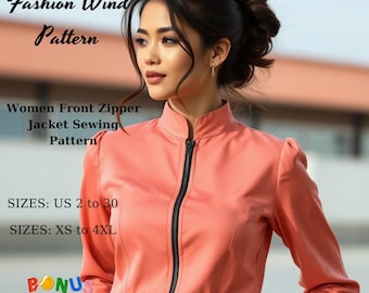 Women's Front Zipper Crop Jacket Sewing Pattern, Puff Sleeve (Digital Download)