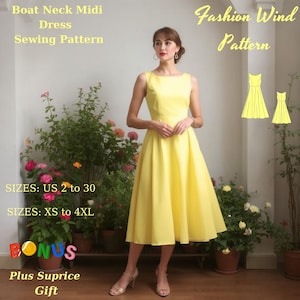 May include: A sewing pattern for a yellow midi dress with a boat neck. The pattern includes sizes US 2 to 30 and XS to 4XL. The pattern is called "Fashion Wind Pattern".