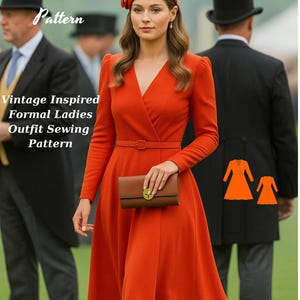 Puede incluir: Un vestido cruzado naranja brillante con mangas largas y cinturón a juego. La imagen también muestra un sombrero a juego y un bolso de mano marrón. El texto en la imagen dice "Fashion Wind Pattern" y "Vintage Inspired Formal Ladies Outfit Sewing Pattern."