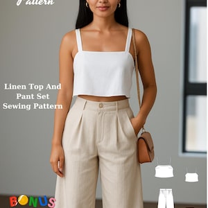 Linen Top And Pant Digital Pattern,Linen Summer Set,Bohemian Set,Button Linen Top,Vintage Linen Palazzo Pants, Digital Sewing Pattern XS-4XL