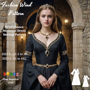 Puede incluir: Un patrón de costura para un vestido medieval renacentista negro con ribetes dorados y piedras preciosas negras. El patrón incluye las tallas US 2 a 30 y XS a 4XL. La imagen también muestra a una mujer con un vestido negro con ribetes dorados y una corona. El texto "Fashion Wind Pattern" está en la parte superior de la imagen. El texto "Renaissance Medieval Dress Sewing Pattern" está debajo de la imagen de la mujer. El texto "SIZES: US 2 to 30" y "SIZES: XS to 4XL" están debajo del texto "Renaissance Medieval Dress Sewing Pattern". El texto "BONUS Plus Suprice Gift" está en la parte inferior de la imagen.