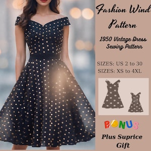 Puede incluir: Un vestido vintage negro con lunares dorados. El vestido tiene un escote de hombros descubiertos y una cintura ajustada. La imagen incluye el texto "Fashion Wind Pattern 1950 Vintage Dress Sewing Pattern" e información sobre tallas.
