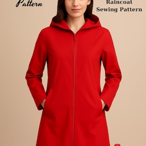 Può includere: Un impermeabile rosso con cappuccio, chiusura a zip e tasche. L'immagine include il testo "Fashion Wind Pattern" e "Hooded Raincoat Sewing Pattern". È incluso anche un regalo bonus.