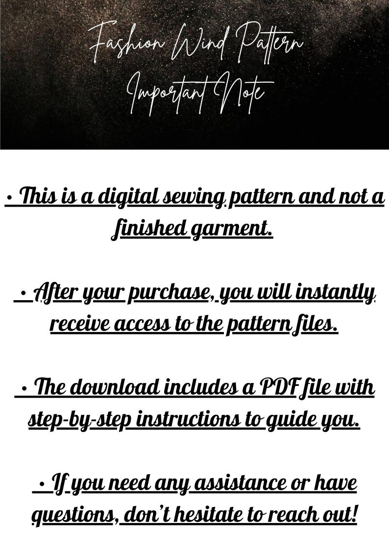 May include: Image with text: "Fashion Wind Pattern Important Note." The text details that it's a digital sewing pattern, not a finished garment. Includes pattern files, a PDF with instructions, and support after purchase.