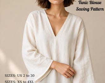 White Linen Tunic Blouse, V Neck Oversized Top, Boho Chic Shirt, Women Clothing,(Dijital Download)