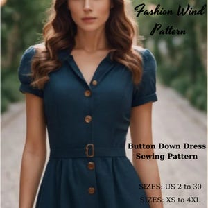 May include: A sewing pattern for a button-down dress. The pattern includes sizes UK 6 to 28 and XS to 4XL. The dress is shown in a dark blue colour with a belt and buttons.