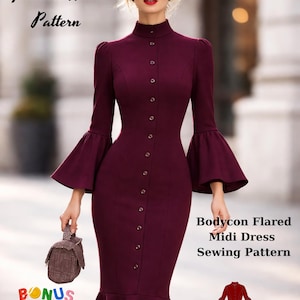 Puede incluir: Vestido midi entallado burdeos con bajo acampanado y mangas largas con puños acampanados. El vestido presenta un cuello alto, una botonadura frontal y forma parte de un patrón de costura. La imagen también incluye el texto "Fashion Wind Pattern".