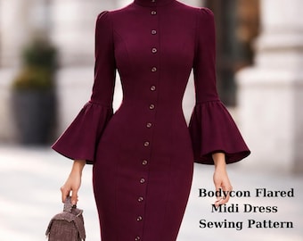 Bodycon Flared Sleeves Buttoned Solid Color High Neck Midi Dresses (Digital Download)