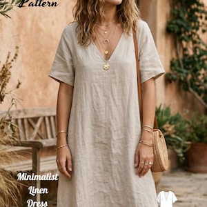 May include: A beige linen dress with short sleeves and a V-neckline, featuring a loose, floor-length silhouette. The image includes text reading Fashion Wind Pattern and Minimalist Linen Dress Sewing Pattern, with a white line drawing of the dress.