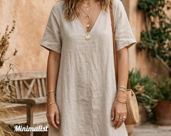 Minimalist Linen Dress, Elegant Summer Style, A Beige Midi Dress (XS-4XL) (Digital Download)