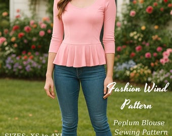 Peplum Blouse Sewing Pattern: Easy 3/4 Sleeve Design (PDF Pattern, XS-4XL)