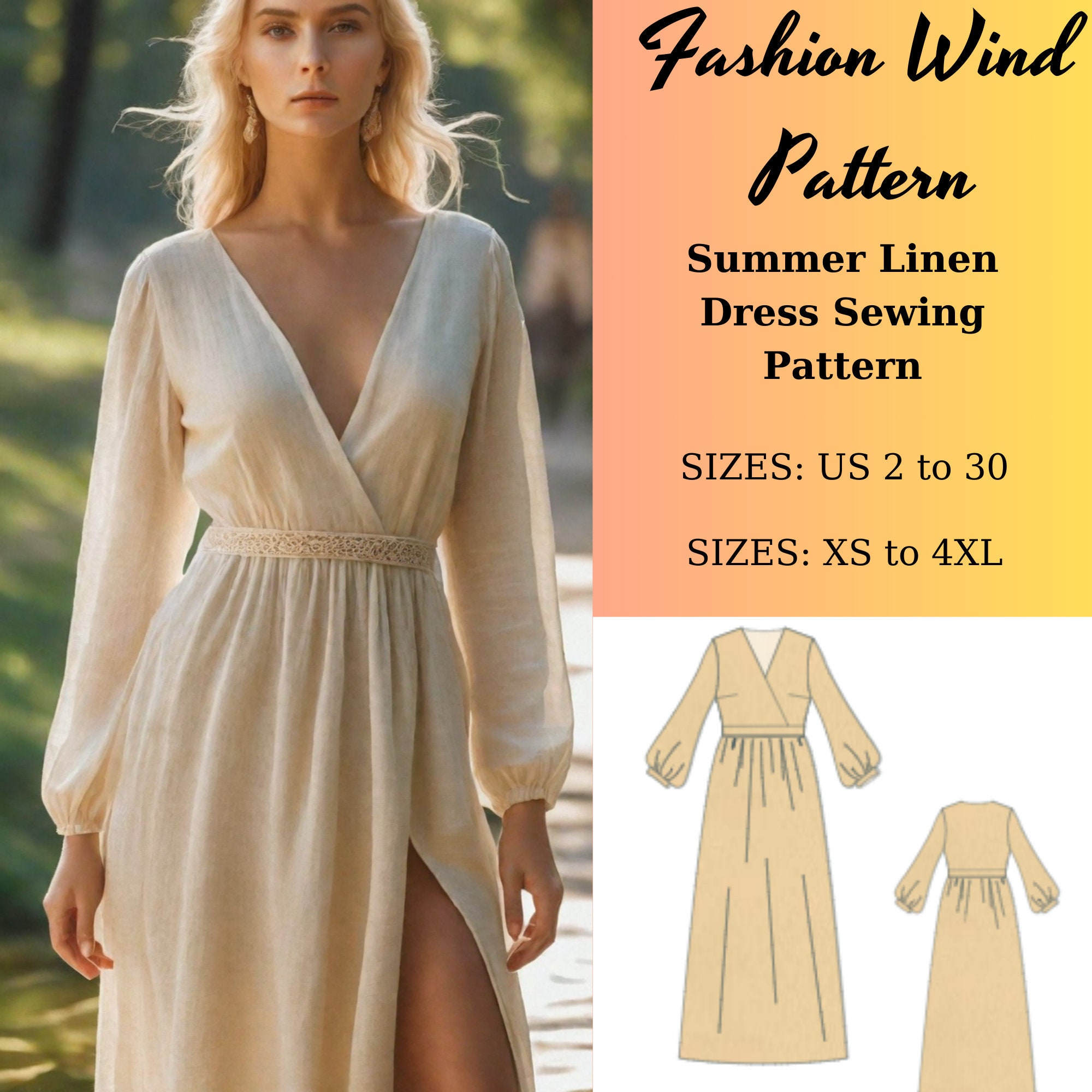 Summer Linen Dress Sewing Pattern, Cottagecore Dress Sewing Pattern ...