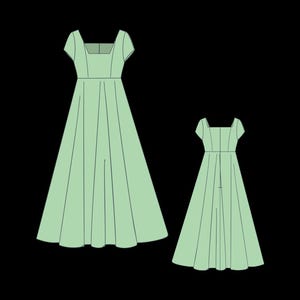 May include: Two light green dresses are shown against a black backdrop. They feature square necklines, short sleeves, and pleated skirts. The dresses have a fitted bodice. One dress is larger than the other.