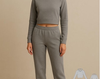 Gray Crop Hoodie Sweatpants Sewing Pattern, Two Piece Loungewear Set (Digital Download)