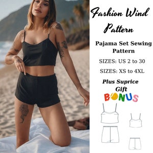 Patrón de costura de conjunto de pijama corto, patrón de pijama de mujer, patrón de costura de pijama de dos piezas, ropa de dormir de pijama, patrón de costura fácil, letra A0-A4-US