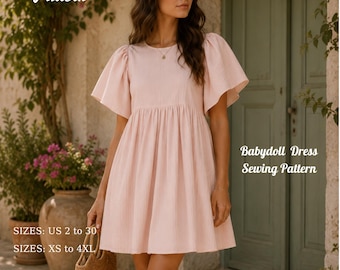 Babydoll Dress Sewing Pattern  Empire Waist Mini Pattern, Flutter Sleeve ,(Dijital Download)