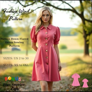 Button Down Flared Dress Sewing Pattern,Button Down Jacket,Button Front Dress,Fall Dress Pattern, Easy pdf pattern,XS-4XL