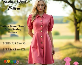 Patrón de costura para vestido acampanado con botones (XS-4XL) (Patrón PDF)