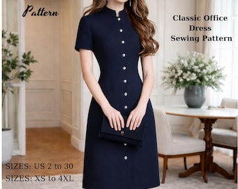 Classic Office Dress, Navy Button Front , Mandarin Collar Midi Dress, (Digital Download)