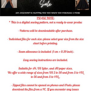 May include: A digital sewing pattern for a dress, with a black and white image of a woman wearing the dress. The text "Fashion Wind Pattern Sale" is at the top of the image. The text "50% Discount is waiting for you when you purchase 5 items" is below the image. The text "Please Note:" is at the top of the text block. The text block includes information about the digital sewing pattern, including that it is downloadable after purchase, that individual files are available for each size, and that seam allowance is included. The text block also includes information about the paper sizes the pattern is suitable for and that zipped files cannot be opened on phones or iPads. The text block ends with the text "If you have any other problems accessing the files, please don't hesitate to contact me."