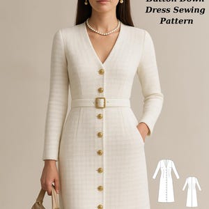 Puede incluir: Patrón de costura de un elegante vestido blanco abotonado. El vestido tiene cuello en V, mangas largas, cintura con cinturón y botones dorados. La imagen incluye el texto "Fashion Wind Pattern" y las tallas US 2 a 30 y XS a 4XL.
