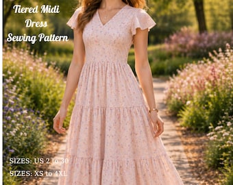 Tiered Midi Dress Pattern, Floral Summer Dress , (Sizes XS-4XL) (PDF ,Dijital Download)
