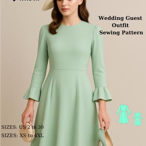 Puede incluir: Un vestido verde menta con mangas largas y puños acampanados, combinado con tacones y un sombrero a juego. La imagen incluye el texto "Fashion Wind Pattern" y "Wedding Guest Outfit Sewing Pattern". Tallas disponibles: US 2 a 30 y XS a 4XL.
