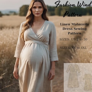 Può includere: Un cartamodello per abito da maternità in lino beige. Il cartamodello comprende le taglie US 2-30 e XS-4XL. Il cartamodello è mostrato su una modella in un campo.