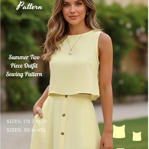 May include: A pale yellow two-piece outfit sewing pattern featuring a sleeveless crop top and a button-front midi skirt. Text includes Fashion Wind Pattern, Summer Two Piece Outfit Sewing Pattern, SIZES: US 2 to 30, SIZES: XS to 4XL, and BONUS Plus Suprice Gift.