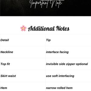 May include: A graphic with the text "Fashion Wind Pattern" and "Important Note" at the top. Below, a table lists details like "Neckline" and "Top fit" with corresponding tips such as "interface facing" and "invisible side zipper optional."