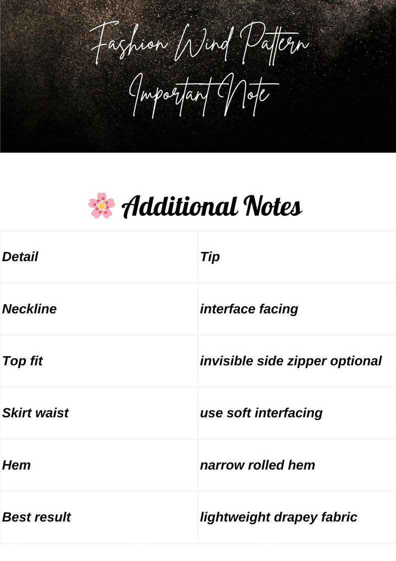 May include: A graphic with the text "Fashion Wind Pattern" and "Important Note" at the top. Below, a table lists details like "Neckline" and "Top fit" with corresponding tips such as "interface facing" and "invisible side zipper optional."