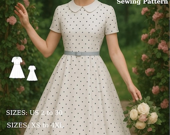 Patrón de costura para vestido con cuello Peter Pan: tallas 2-30 (EE. UU.), XS-4XL (descarga digital)