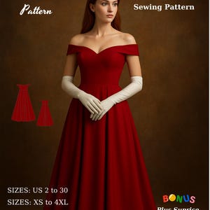 Könnte beinhalten: Ein rotes Anastasia-Kleid-Schnittmuster mit Off-Shoulder-Design. Das Bild zeigt eine Frau, die das Kleid mit weißen Handschuhen trägt. Der Text auf dem Bild lautet "Fashion Wind Pattern" und "SIZES: US 2 to 30, SIZES: XS to 4XL".