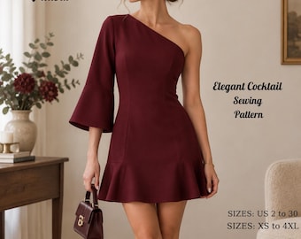 Patrón de costura para minivestido de un solo hombro, patrón de manga acampanada, elegante vestido de cóctel (PDF)