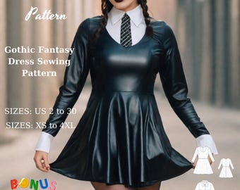 May include: A black leather dress with a white collar and tie, and long sleeves. The dress has a fitted bodice and a flared skirt. The dress is shown on a model with black tights and black shoes. The image also includes a sewing pattern for the dress in different sizes. The text on the image reads "Fashion Wind Pattern", "Gothic Fantasy Dress Sewing Pattern", "SIZES: US 2 to 30", "SIZES: XS to 4XL", "BONUS", "Plus Suprice Gift".