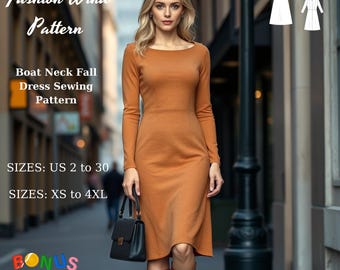 Mönster för klänning med båtringning: Höstcocktailklänning, balklänning (XS-4XL) (digital nedladdning)