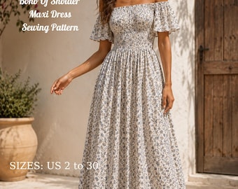 Patrón de costura para vestido largo estilo boho con hombros descubiertos y corte asimétrico (descarga en PDF)