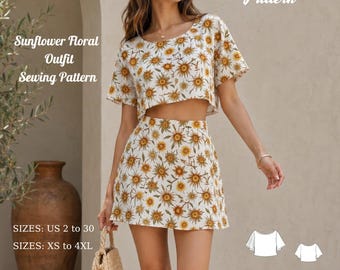 ひまわり柄ツーピース衣装、レディースクロップトップミニスカートセット、バケーションスタイル服