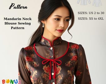 Modello di cucito per camicetta cheongsam: collo alla coreana, stile vintage (download digitale)