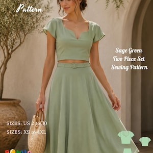 May include: Sage green two-piece set sewing pattern. The set includes a crop top with a V-neck and a flared skirt, both in a soft, muted green. The image also includes the text "Fashion Wind Pattern" and size information.