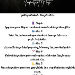 May include: A black and gold graphic with the text "Fashion Wind Pattern Important Note" and instructions for using a sewing pattern. The steps include downloading, printing, assembling, cutting, and sewing. Seam allowance is 1 cm (0.39 in).