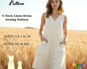 V-Neck Linen Dress Sewing Pattern: Cottagecore Style (Digital Download)