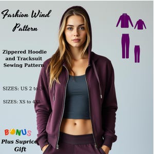 May include: A purple zippered hoodie and matching sweatpants sewing pattern. The pattern includes sizes US 2 to 30 and XS to 4XL. The text "Fashion Wind Pattern" and "Bonus Plus Suprice Gift" is also included in the image.