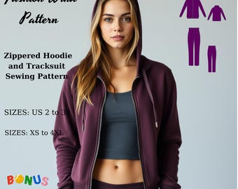 Zip-Up Hoodie Sewing Pattern: Women's Tracksuit (US2-30, XS-4XL) (Digital Download)