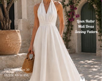 Linen Halter Midi Dress Sewing Pattern, Backless Summer A-Line (PDF Download)