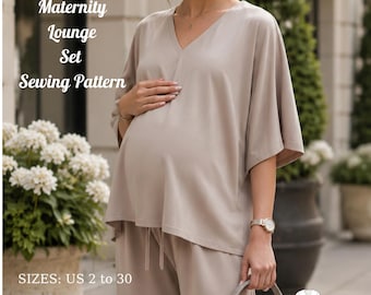 Maternity Lounge Set PDF Sewing Pattern, Oversized V Neck Top and Wide Leg Pants