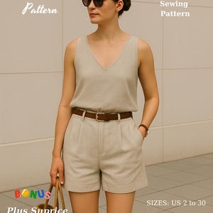 Modello di cucito per canotta e pantaloncini in lino beige (download digitale)