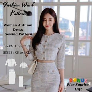 Puede incluir: Un patrón de costura para un vestido de mujer con un top corto y una falda. El patrón incluye las tallas US 2 a 30 y XS a 4XL. El vestido está hecho de una tela de tweed gris claro con un patrón sutil. El patrón se llama "Fashion Wind Pattern" e incluye un regalo de bonificación plus suprice.
